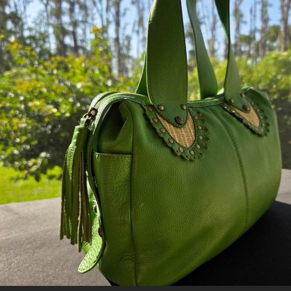 Green Leather Boho Shoulder Bag Kate Landry Studded Tassel Artisan Purse - Picture 2 of 8